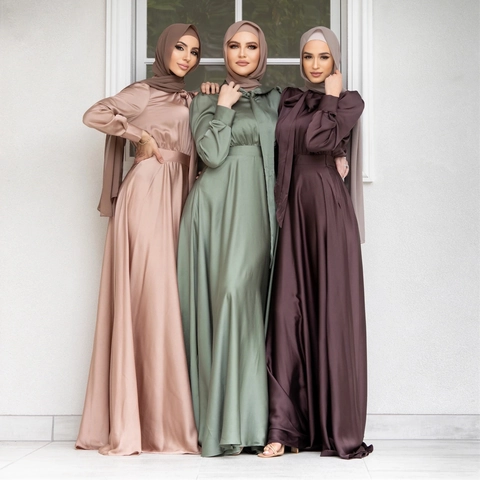Vestito Lungo Elegante in Raso da Donna Manica Lunga Collo con Fiocco Abaya E Hijab Abito Formale da Sposa