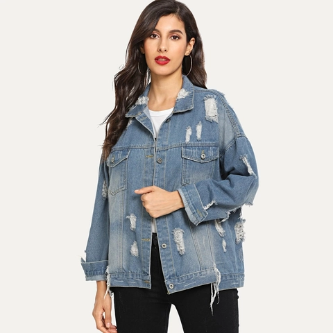 Veste en Jean Usée pour Femmes Avec Impression de Lettres au Dos Déchirée Délavée Mélange de Coton Manteau Bleu