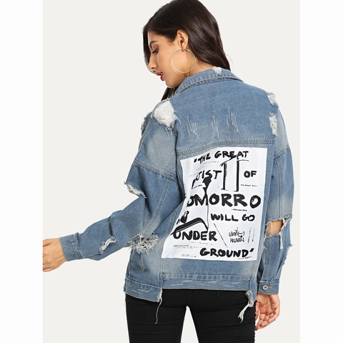 Veste en Jean Usée pour Femmes Avec Impression de Lettres au Dos Déchirée Délavée Mélange de Coton Manteau Bleu