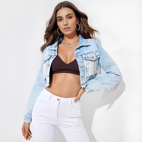 Damen Mode Fransen Cropped Jeansjacke Vintage Waschung Langarm Knöpfe Streetwear Casual Denim Jacke Top