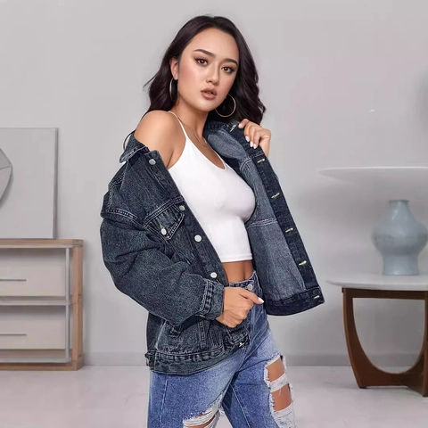 Veste en Jean Décontractée Mi-Longue pour Femme Coupe Large Manteau en Denim Délavé Avec Boutons Métalliques pour Streetwear