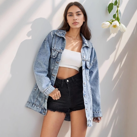 Women's Casual Ripped Denim Jacket Distressed Oversized Mid Length Jean Coat With Pockets Light Blue Washed Streetwear Top