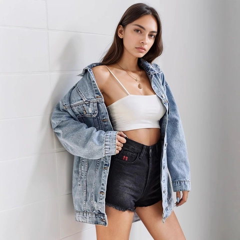 Women's Casual Ripped Denim Jacket Distressed Oversized Mid Length Jean Coat With Pockets Light Blue Washed Streetwear Top