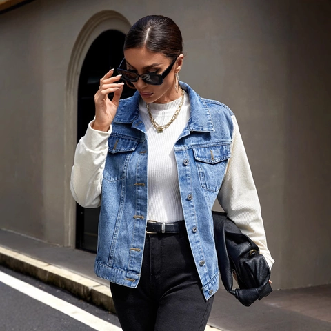 Γυναικεία Casual Denim Patchwork Ζακέτα Μακρύ Μανίκι Γιακάς Σύνθεση Κουμπιά Παλτό Trendy Streetwear Ενδύματα για Γυναίκες
