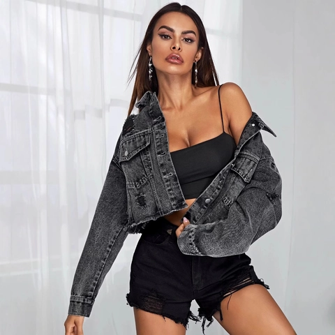 Damen Distressed Cropped Denimjacke Mit Offenem Saum Casual Streetwear Locker Langarm Wasser Gewaschene Button Down Jeans Outerwear