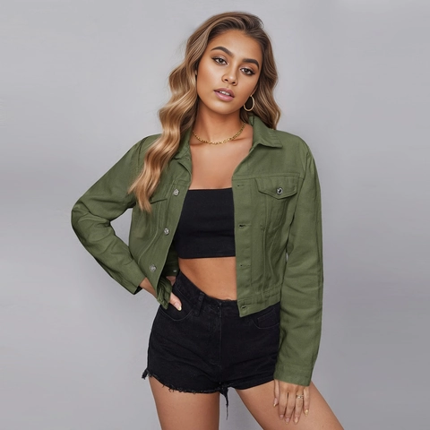 Women Casual Crop Denim Jacket Long Sleeve Lapel Metal Button Pockets Solid Color Streetwear Outerwear Coat