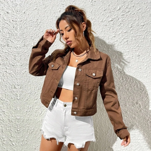 Women Casual Crop Denim Jacket Long Sleeve Lapel Metal Button Pockets Solid Color Streetwear Outerwear Coat