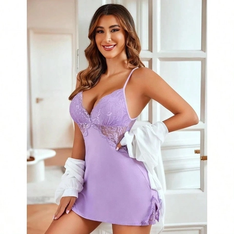 Vrouwen Sexy Nachthemd Kant Patchwork V-Hals Spaghetti Bandjes Rugloos Nachtkleding Lingerie Zijsplit Satin Look