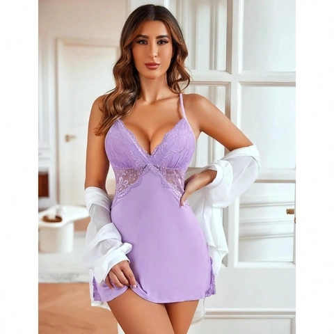 Vrouwen Sexy Nachthemd Kant Patchwork V-Hals Spaghetti Bandjes Rugloos Nachtkleding Lingerie Zijsplit Satin Look