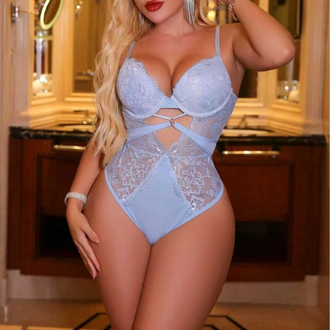 Damen Sexy Blumenstickerei Spitze Bodysuit Bügel Ausschnitt Teddy Lingerie Verstellbare Träger Formender Jumpsuit