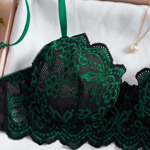 Lingerie Donna Sexy in Pizzo Ricamato Con Ferretto E Perizoma in Mesh Verde Scuro Nero Colore a Contrasto Per Donna