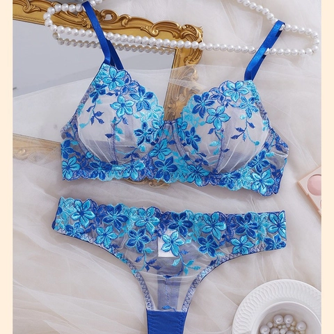 Ensemble de Lingerie Sexy Bleu Broderie Florale Dentelle pour Femmes Ensemble Soutien-Gorge à Armature et Culotte Maille