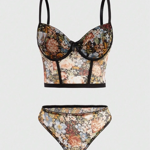 Damen Vintage Bustier-Set mit Blumenmuster Retro-Stäbchen Sexy Netz-Lingerie-Set Schlanke Passform Push-Up Sommer Crop Top
