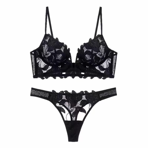Women Sexy Lace Lingerie Deep V Floral Embroidery Ultra Thin Underwired Bra And Panty Two Combination Underwear