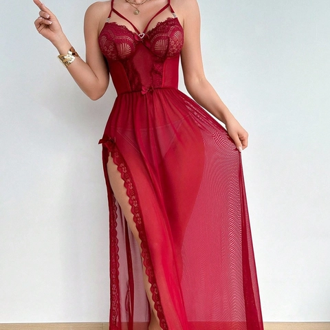 Camicia da Notte Sexy da Donna in Pizzo Rosso Maglia Spacco Alto Senza Schienale Chemise Lingerie Abito Con Fiocco Casa