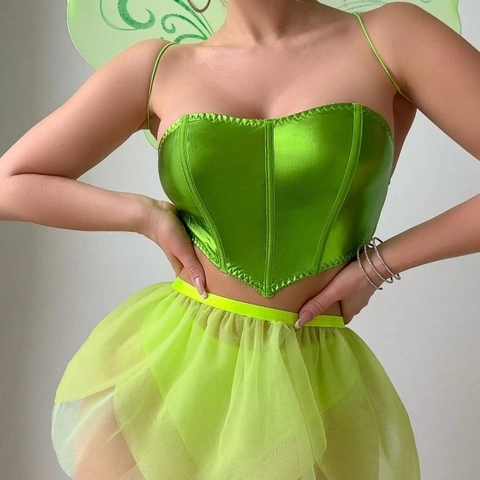 Women Sexy Fairy Cosplay Costume Lime Green Satin Corset Top Mesh Tutu Skirt Butterfly Wings Halloween Party Outfit