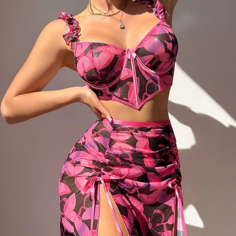 Women Sexy Butterfly Print Mesh Crop Top And High Slit Drawstring Skirt Outfits For Vacation Party Rose Red