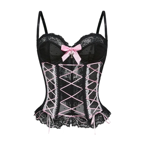 Gothic Spitze Korsett Top Mit Schleife Kreuz Band Detail Und Metall Kreuz Anhänger Süß Verstellbar Body Shaper Cami