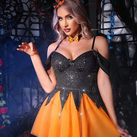 Set Costume da Strega di Halloween per Donna Top con Paillettes Gonna in Rete Arancione Cappello da Mago Papillon Cosplay
