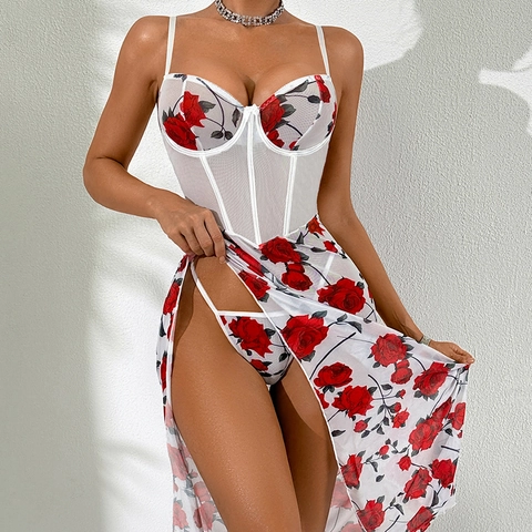 Top Corsetto in Mesh con Rose Rosse E Gonna Maxi con Spacco Alto E Mutandine da Donna Sexy Vestito Lungo da Vacanza
