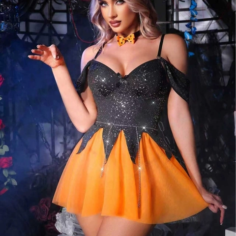 Set Costume da Strega di Halloween per Donna Top con Paillettes Gonna in Rete Arancione Cappello da Mago Papillon Cosplay