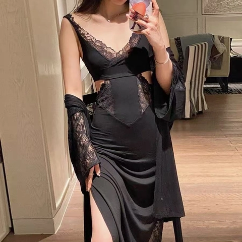 Camisón y Bata Sexy de Modal con Encaje para Mujer Escote en V Profundo Sin Espalda Elegante Color Sólido Ropa de Dormir Cómoda