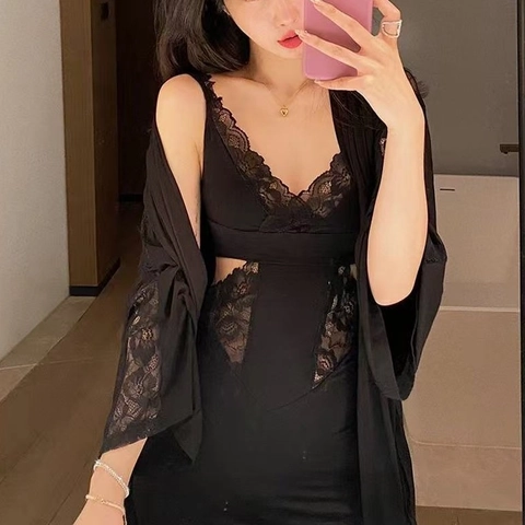 Camisón y Bata Sexy de Modal con Encaje para Mujer Escote en V Profundo Sin Espalda Elegante Color Sólido Ropa de Dormir Cómoda