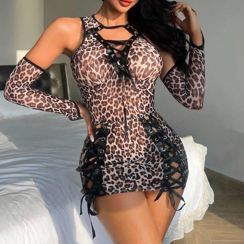 Conjunto Lencería Sexy Estampado Leopardo Mujer Encaje Calado Mini Vestido Con Mangas Y Diadema Orejas De Gato