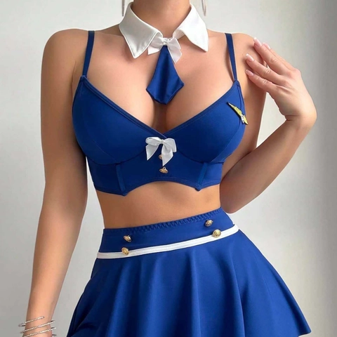 Costume da Assistente di Volo Sexy per Donna Crop Top e Gonna a Pieghe Con Fiocco Distintivo ad Ala Pilot Lingerie Set