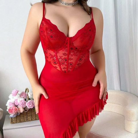 Lingerie Sexy Rossa In Pizzo Taglie Forti Body Con Ferretto Maglia Prospettiva Camicia Da Notte Orlo Con Volant Per Donna