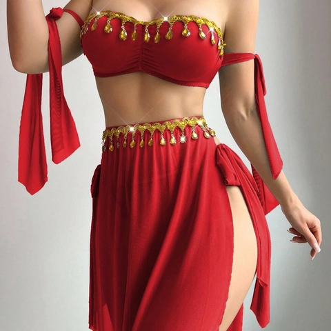 Women Exotic Belly Dance Performance Costume Red High Slit Long Skirt And Sequin Bra Top For Dance Party Stage Wear Outfit