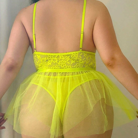 Completo Donna Sexy Giallo Fluorescente Body in Pizzo E Gonna in Rete Scollo a V Ricamo Floreale Lingerie Esotica