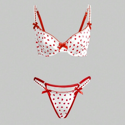 Ensemble de Lingerie Sexy en Satin à Imprimé Cœur pour Femmes Soutien-Gorge Triangle à Nœud en Dentelle et String