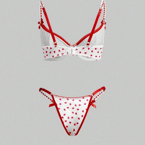 Ensemble de Lingerie Sexy en Satin à Imprimé Cœur pour Femmes Soutien-Gorge Triangle à Nœud en Dentelle et String