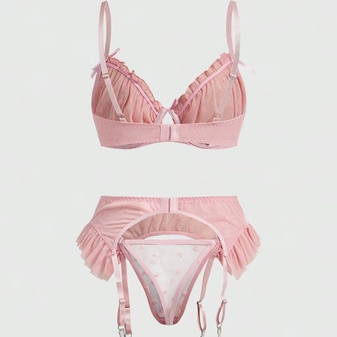 Ensemble Lingerie Femme Rose Maille Cœur Soutien-Gorge Armatures Volants Porte-Jarretelles Et String Sexy Trois Pièces Pour Femme