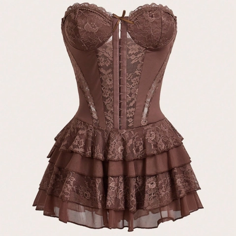 Γυναικείο Σέξι Κορσέ Φόρεμα με Δαντέλα Floral Mesh Βολάν Vintage Body Shaper Slim Fit Εσώρουχα Σετ Ύπνου Πάρτι