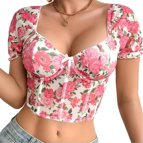 Top a Corsetto Floreale Vintage da Donna Scollo a Cuore Decorazione Fiocco Manica a Sbuffo Slim Fit Crop Top Sexy Bustier Estate