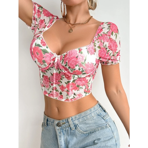 Top a Corsetto Floreale Vintage da Donna Scollo a Cuore Decorazione Fiocco Manica a Sbuffo Slim Fit Crop Top Sexy Bustier Estate