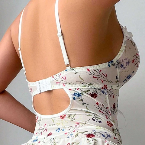 Ropa de Lencería Vintage Estampado Floral Encaje Con Bustier Liguero Y Medias Para Mujer Sexy Ropa de Dormir De Malla