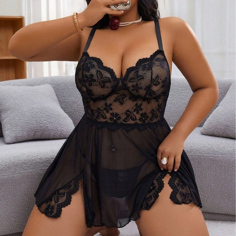Camicia da Notte Sexy da Donna Taglie Forti in Pizzo e Rete Trasparente Con Slip Scollo a V Spacco Laterale Babydoll