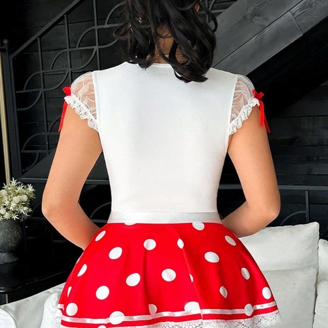 Damen Sexy Polka Dot Lingerie Top Und Bottom Set Cosplay Kostüm Weiß Spitze Rot Schleife Rock Mit Strümpfen Halloween