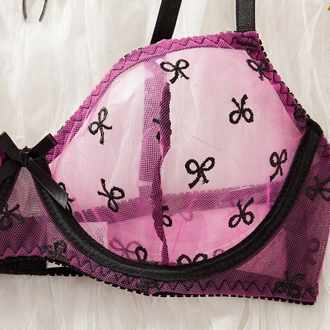 Women Sexy Butterfly Embroidery Mesh Lingerie Set Black Bow Thin Straps Underwear Transparent Bra And Thong Set