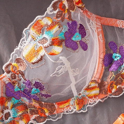 Dames Bloemenborduurwerk Sexy Lingerieset Oranje Gaas Kant Beugelbeha En Thong Elegant Transparant Bloemen Ondergoed