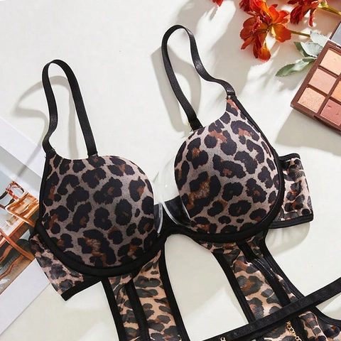 Leopardenmuster Teddy Lingerie Body Mit Metallkette Dekoration Und Strümpfen Spitze Ausschnitt Sexy Nachtwäsche Für Damen