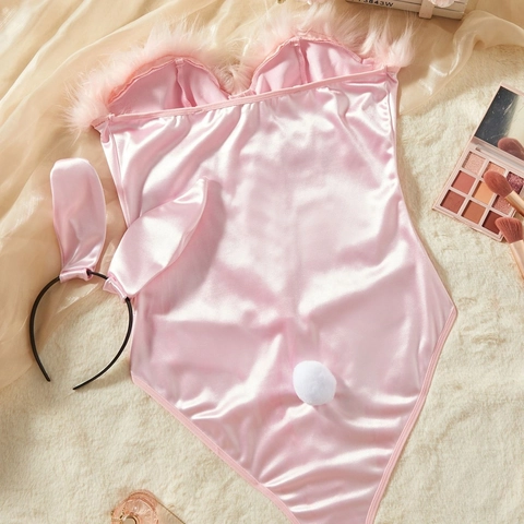 Sexy Rosa Satin Hasenmädchen Reizwäsche Bodystocking Set Mit Hasenohren Stirnband Kunstpelz Besatz Schnür Body Damen