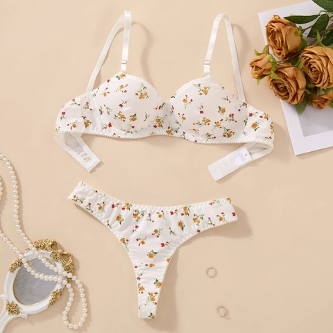 Ensemble Lingerie Pastorale Imprimé Floral Bordure Dentelle Mélange Coton Nervuré Soutien-Gorge Et Culotte Avec Armatures Femme