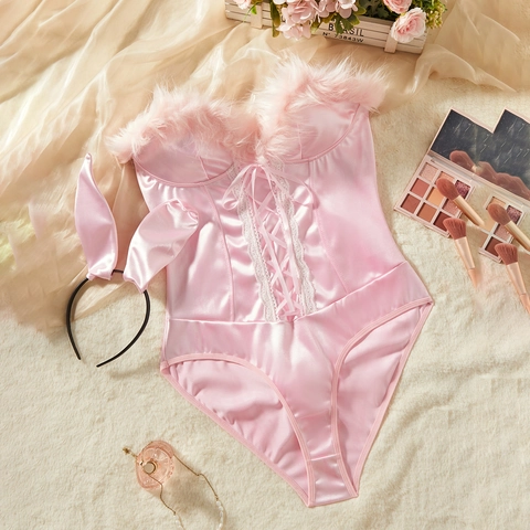Sexy Rosa Satin Hasenmädchen Reizwäsche Bodystocking Set Mit Hasenohren Stirnband Kunstpelz Besatz Schnür Body Damen
