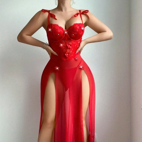 Abito Lingerie Sexy in Pizzo Trasparente Rosso per Donna con Applicazioni di Fiori 3D e Spacco Alto in Rete Camicia da Notte