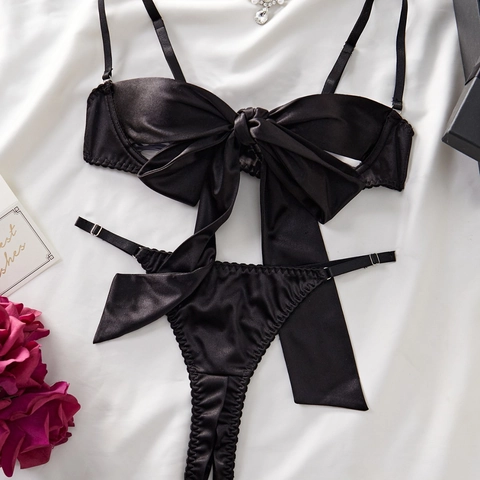 Lingerie Sexy en Satin Noir pour Femmes Grand Nœud Ajouré Soutien-gorge à Bretelles Réglables Et Thong Sous-vêtements Romantiques