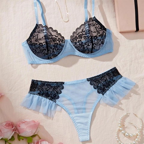 Ensemble Soutien-Gorge Et Culotte En Dentelle Sexy Pour Femme Bleu Ciel Noir Floral Maille Armatures Lingerie Deux Pièces Style Français